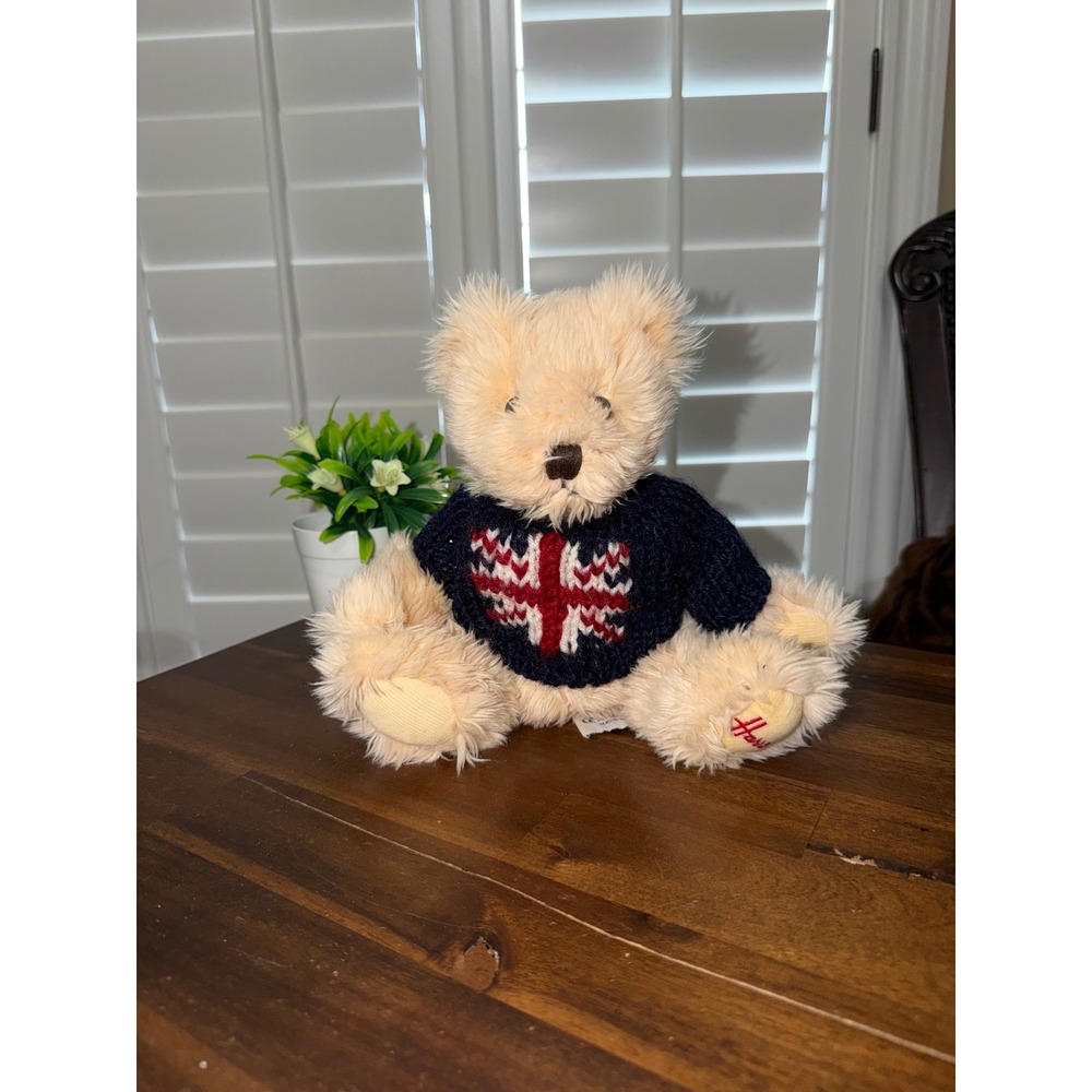 Harrods Knightsbridge Teddy Bear Union Jack Sweater Navy Blue Knit Cream Plush